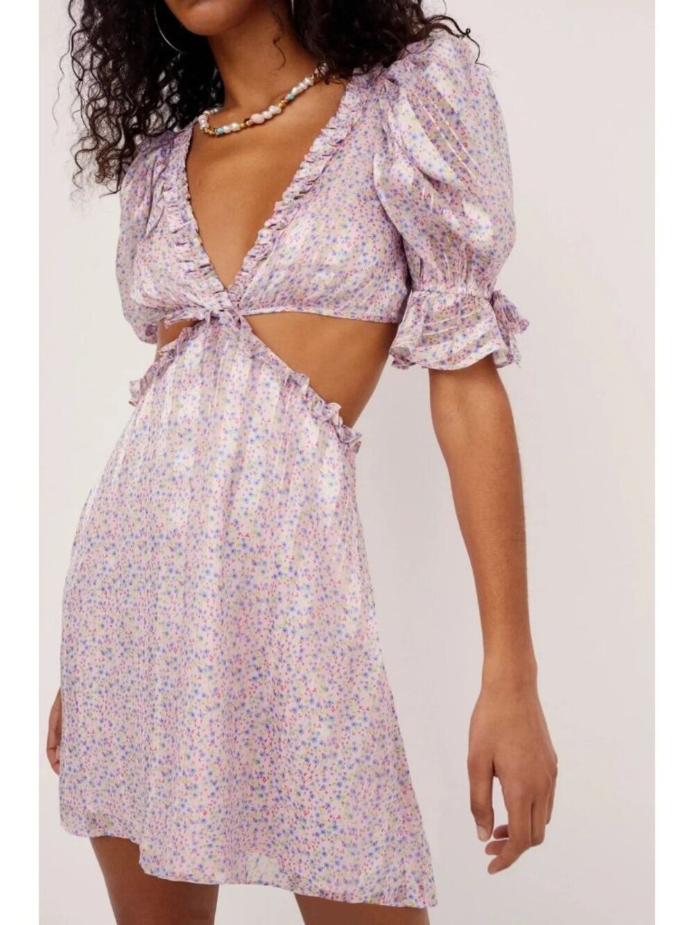 For Love & Lemons Phoebe Floral Mini Dress L Pink Cut Out Puff Sleeve NWT - Picture 1 of 16